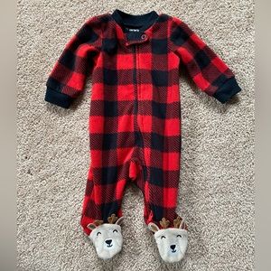 Newborn Fleece Winter Footie Pajamas Red Flannel Plaid Reindeer